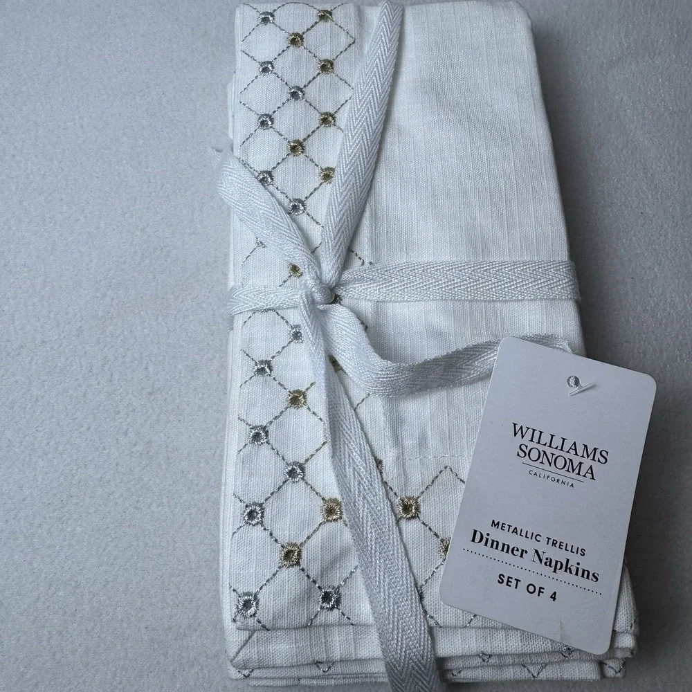 Williams Sonoma Metallic Trellis Dinner Napkins Set Of 4 Gold Silver White READ